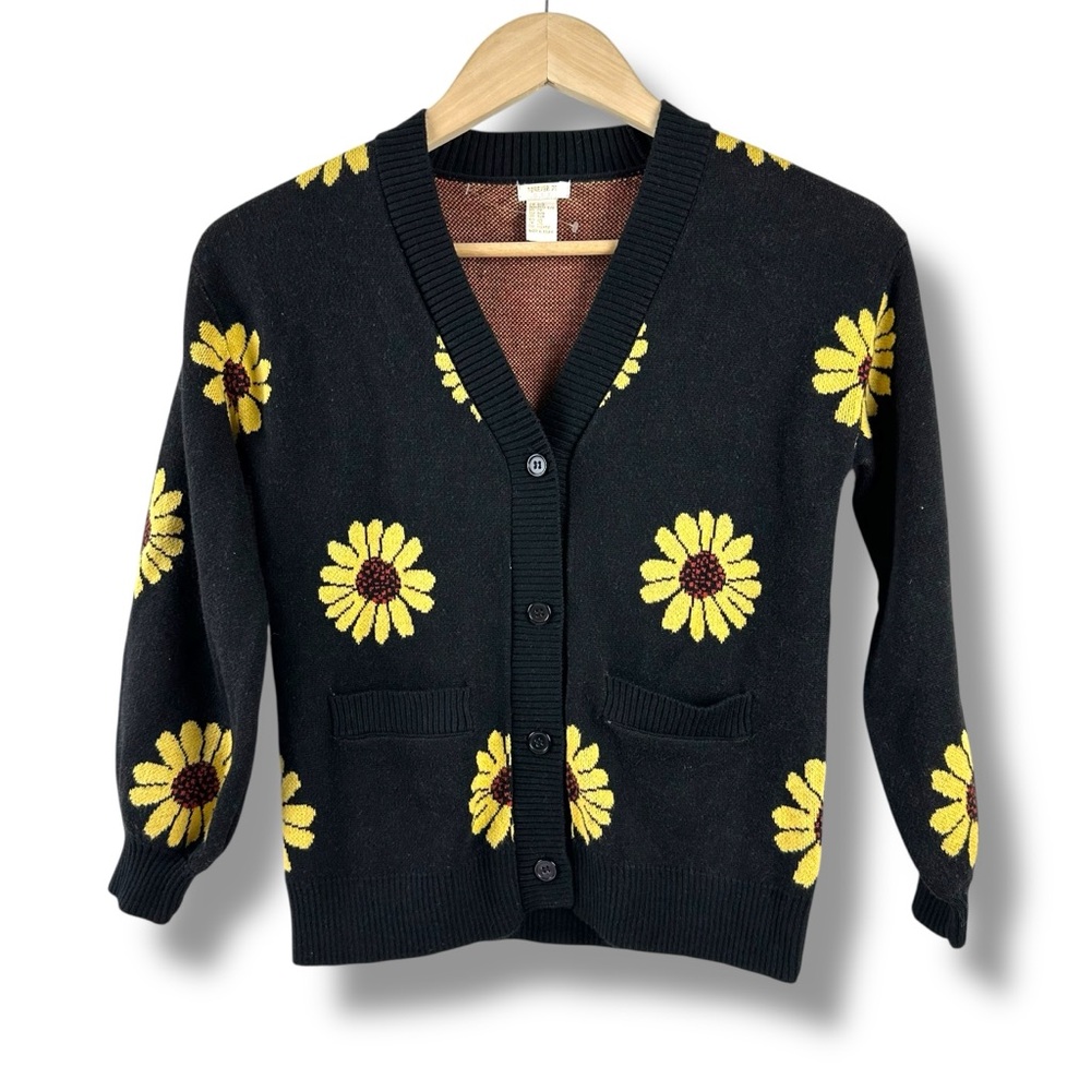 Forever 21 Girls Size 5/6 Daisy Print Button Down Cardigan Sweater Black Yellow